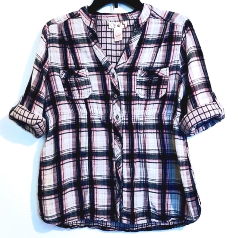 OCEAN PACIFIC BLACK & PINK PLAID PRINT 100% COTTON SIZE XL JUNIOR'S
